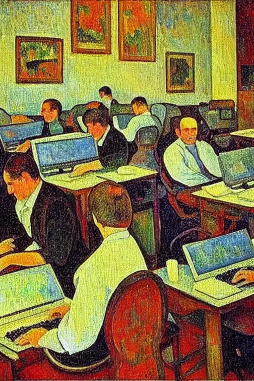 Prompt: oil painting highly detailed computer workers in office painted by paul gaugin, impressionism