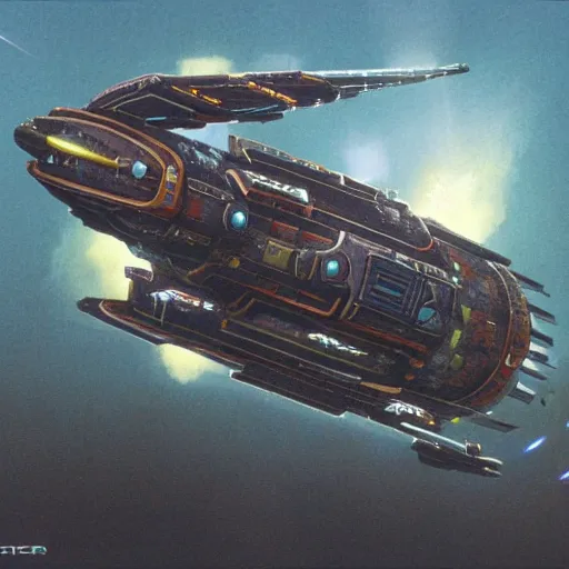 Prompt: spaceship in the style of chris foss