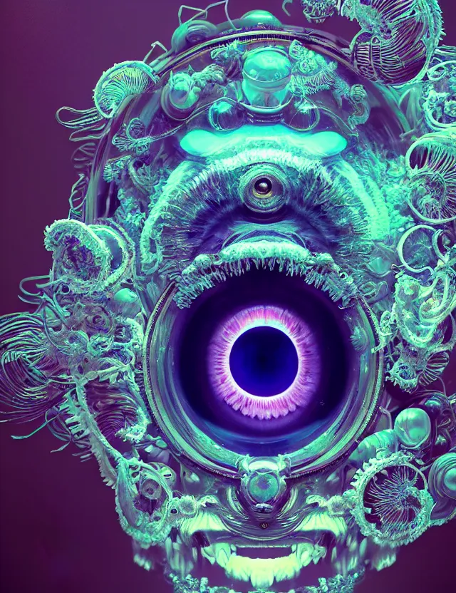 Image similar to eye of god macro close - up portrait with mask made of ram skull. betta fish, jellyfish phoenix, plasma, water, wind, creature, super intricate ornaments artwork by tooth wu and wlop and beeple and greg rutkowski