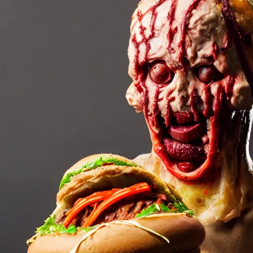 Image similar to a humanoid bipedal upright zombie that strongly resembles a hamburger, professional food photography