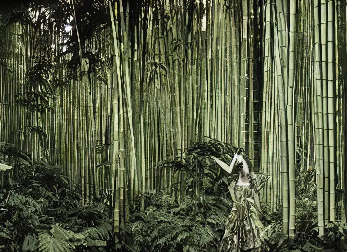 Image similar to a female model with long black hair, emerging from a dense misty forest of fern plants and bamboo wearing camouflage by yohji yamamoto, in the style of daido moriyama, double exposure, camera obscura