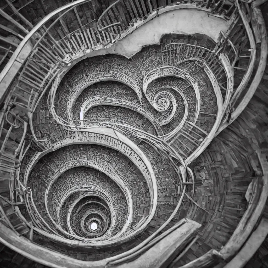 Image similar to spiral stairscase going down deep in a hole, by etienne - louis boullee, leica, high quality, high detailed