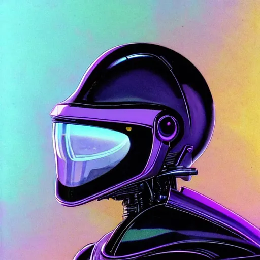 Image similar to self portrait of a robot raven with a beak. purple and black body armor, digital art, realistic, ultradetailed, concept art in the style of Cyberpunk 2077. art by Syd Mead and Moebius, trending on artstation, devianart, cgsociety