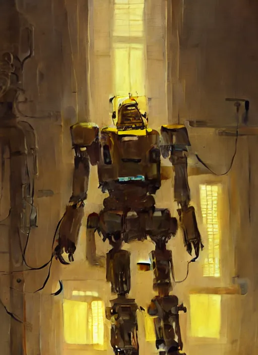 Prompt: human-sized strong intricate yellow pit droid, pancake short large head keetongu, cables, painterly humanoid mecha, by Greg Rutkowski