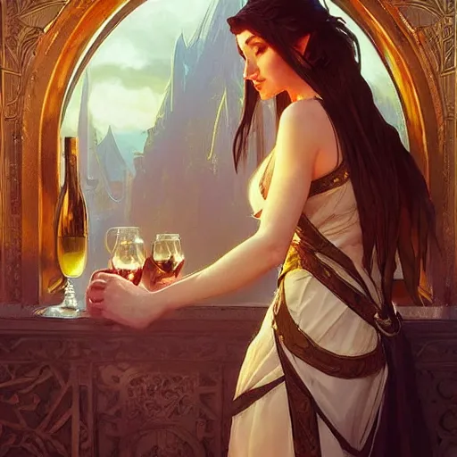 Image similar to elf drinking wine d & d fantasy intricate elegant highly detailed digital painting artstation concept art matte sharp focus illustration hearthstone art by artgerm art by greg rutkowski art by alphonse mucha