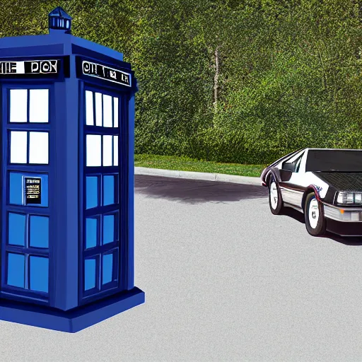 Image similar to of a DeLorean parked in front of Dr.who's Tardis 4k photorealism ultra high quality