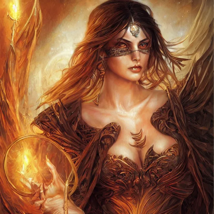 Image similar to a highly detailed painting of a sorceress with piercing beautiful eyes, dark tomb setting, dynamic lighting, ambient lighting, deviantart, art by artgerm and karol bak and mark brooks