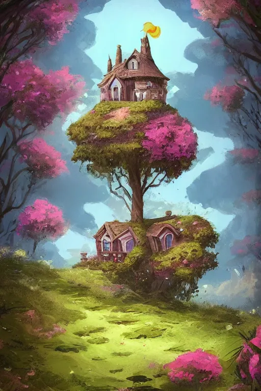 Image similar to beautiful matte painting of a whimsical house on a hill trees flowers whimsical by brian kesinger, bob ross, artstation