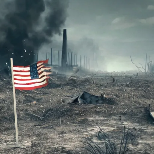 Prompt: a lone blank flag waving above destroyed wasteland, battlefield, white flag, no man's land, world war 2, massacre, dirty white flag on stick, barbed wire in background, ultra realistic, artstation award, smoke in distance, in the style of magic the gathering