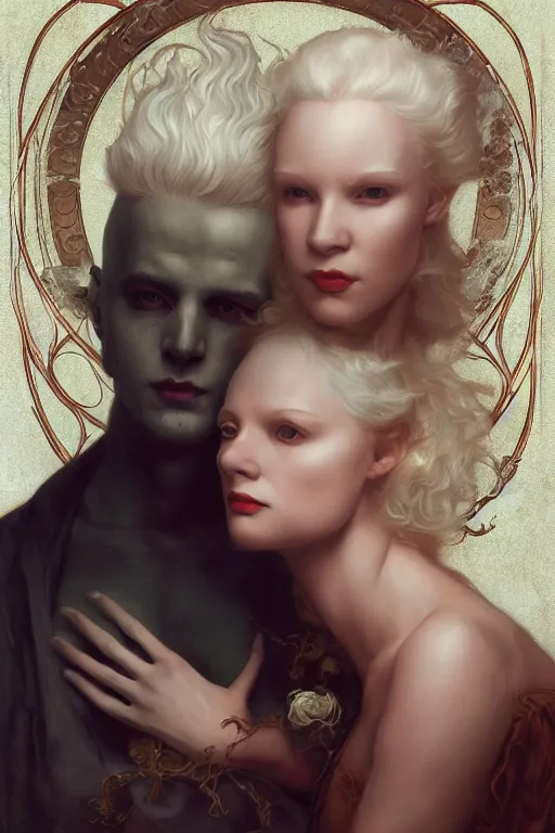 Image similar to a portrait of handsome young male albino Satan and his elegant beautiful albino wife, bored, illustration, dramatic lighting, soft details, painting oil on canvas, art nouveau, octane render, HDR, 4k, 8k, HD, by Edmund Blair Leighton, Brom, Charlie Bowater, trending on artstation, faces by Tom Bagshaw, Sargent