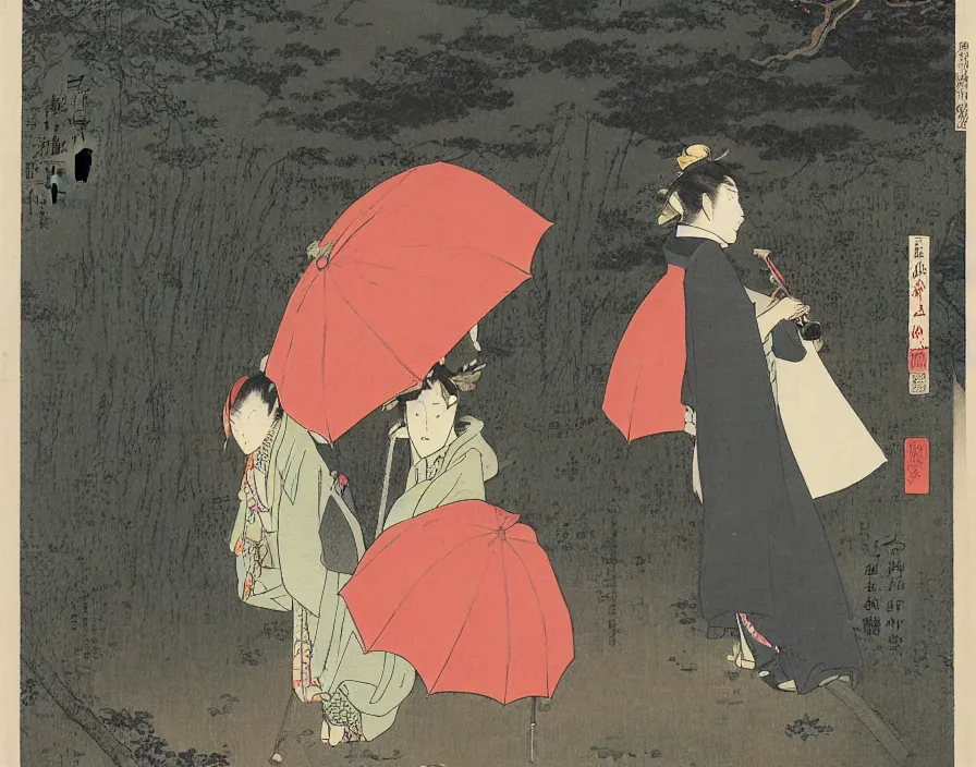 Prompt: A female Retzling with short blond air, standing with big Totoro at a japanese bus stop, holding an umbrella, in the dark forest, rainy night, Ukiyo-e, Katsushika Hokusai,