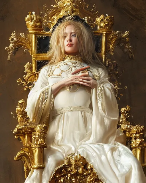 Image similar to 4k cinematic full view ethereal elysian female wearing intricate religious gilded Madonna crown ivory rococo dress sitting on a throne by Ruan Jia by Greg Rutkowski, detailed and realistic, poetic and symbolic, Artstation