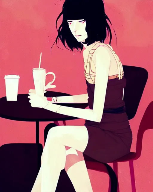 Image similar to a ultradetailed beautiful panting of a stylish woman sitting in a cafe, by conrad roset, greg rutkowski and makoto shinkai, trending on artstation