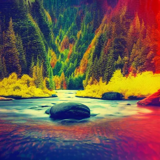 Prompt: a beautiful landscape, river, rocks, trees, by greg rutkowsi, glitch, glitchy, vhs, corrupted