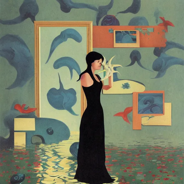 Image similar to tall emo female artist holding a starfish in her flooded kitchen, pomegranates, octopus, water gushing from ceiling, painting of flood waters inside an artist's apartment, a river flooding indoors, ikebana, zen, rapids, waterfall, black swans, canoe, berries, acrylic on canvas, surrealist, by magritte and monet