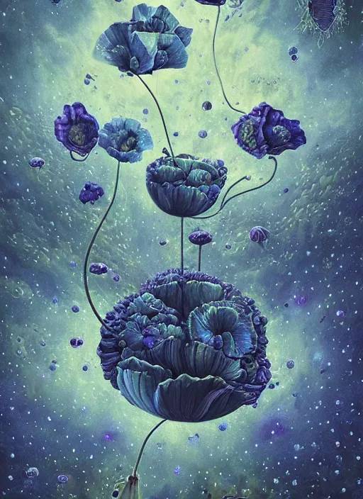 Image similar to detailed, intricate blue black and purple papaverum flower on the field, nebula, galaxy in the sky, winning award masterpiece, fantastically beautiful, illustration, aestheticly inspired, jacek yerka, upscale with anguissola sofonisba work, artstation, 8 k