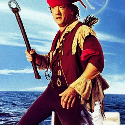 Image similar to a 8 0's movie poster with tom hanks as a pirate, the movie is called saving pirate ryan cinematic photo