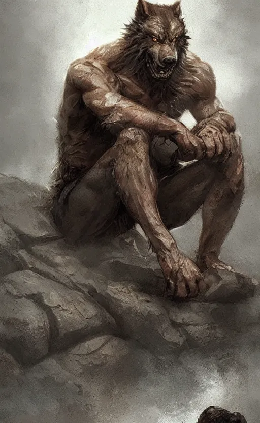 Image similar to Portrait of a rugged werewolf sitting down, male, muscular, detailed face, bare thighs!!!, simple clothing!!!!!, fantasy, medieval, highly detailed, cinematic lighting, digital art painting by greg rutkowski