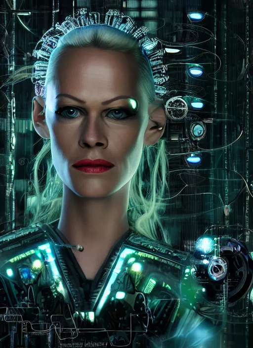 Image similar to 35mm portrait of a 7 of 9 borg with eye implant, on the background of a weird magical mechanical forest. Round gears visible inside her hear. Very detailed 8k. Fantasy cyberpunk horror.