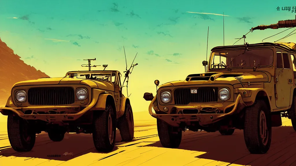 Image similar to digital illustration of mad max's fj 4 0 pursuit special, the last v 8 interceptor driving down a deserted cyberpunk highway in the middle of the day by studio ghibli, anime style year 2 0 9 3, by makoto shinkai, ilya kuvshinov, lois van baarle, rossdraws, basquiat