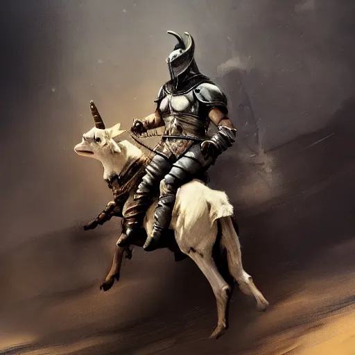 Prompt: knight riding a goat by frank frazetta, dynamic pose, chiaroscuro, fantasy, very detailed, dungeons & dragons, sharp focus, striking, artstation contest winner, detailed