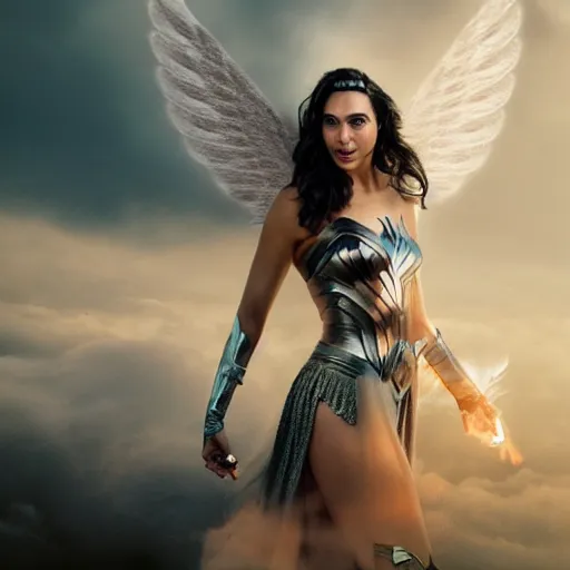 Image similar to Portrait of the beautiful woman Gal Gadot as an angel, she is coming down from the clouds, she has a crown, there is a glow coming from her, she is getting ulluminated from the sky, the photo was taking by Annie Leibovitz, matte painting, oil painting, naturalism, 4k, 8k