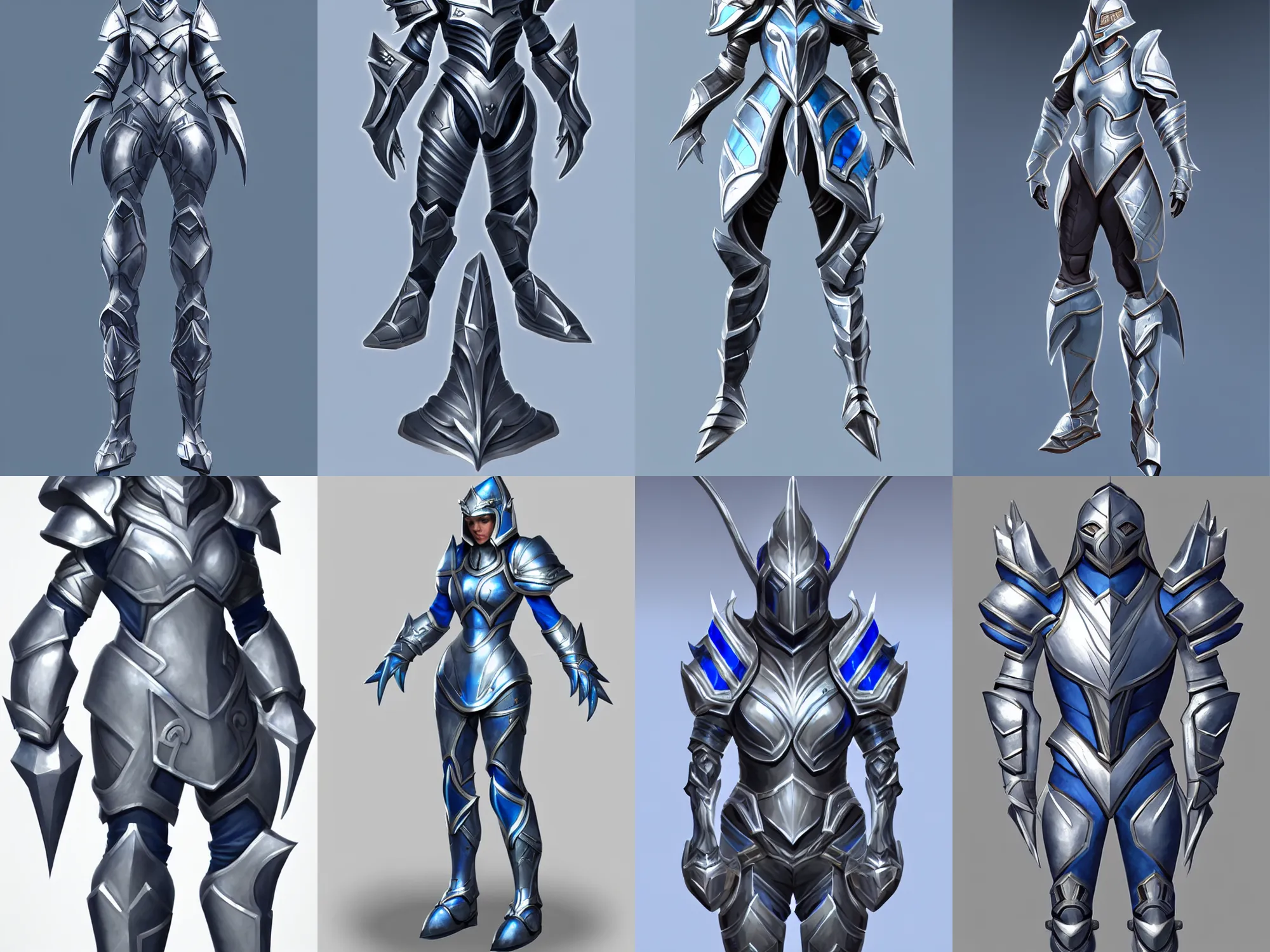 Prompt: legendary armor, silver with bold blue trim, extremely polished, exaggerated proportions, trending on polycount, fantasy character portrait, professional concept art, front view, A-pose, full body