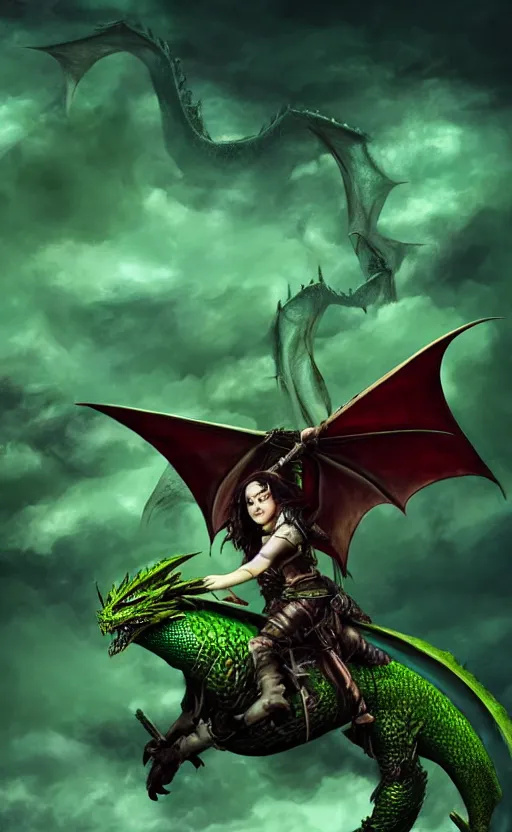 Image similar to epic fantasy dungeons and dragons scene, female halfling rogue, dragonrider, flying on top of a green dragon, green dragon, waterdeep, black hair, rogue, fantasy, red leather corset, cinematic, beautiful lighting, heroic, digital art, sky, mountain