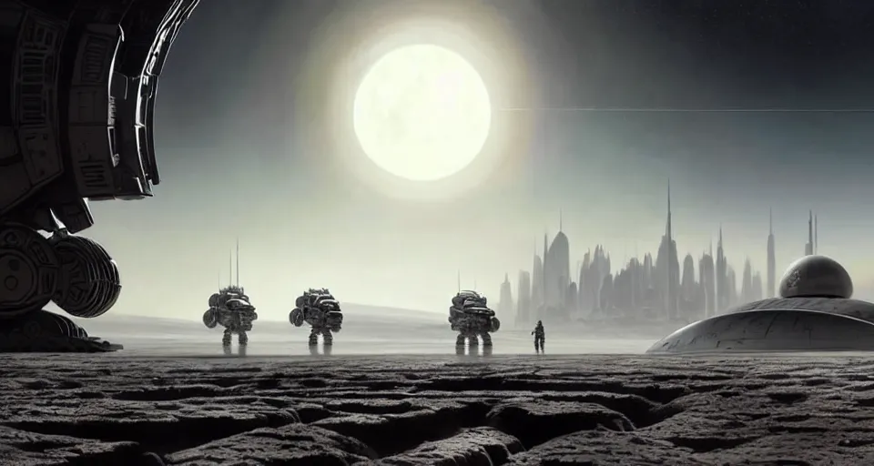 Image similar to hyper realistic sci - fi matte concept art painting of battlemech walking on the surface of the moon with a domed city in the background, beautiful details, strong composition painted by kim jung guweta studio rutkowski, james gurney and greg rutkowski, and lucasfilm, smooth, intricate, detailed, sharp focus, cinematic