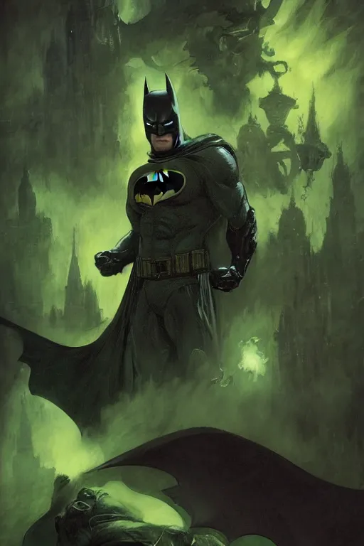 Image similar to angry batman, with dark ghost smokes around, green scary lights, dark fantasy color scheme, gaston bussiere, craig mullins, j. c. leyendecker, cinematic, mysterious, artgem, unreal engine