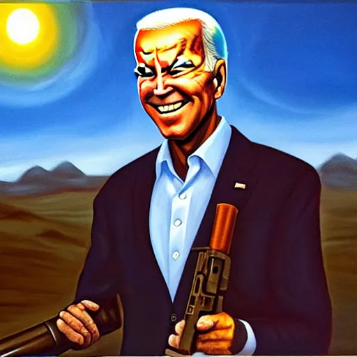 Image similar to oil painting Joe Biden with glowing eyes, looking stern, holding an RPG, in a desert landscape, epic, dark