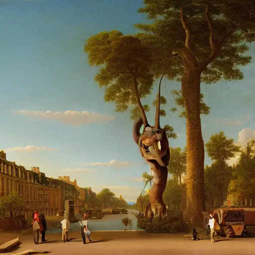 Image similar to 1750 street of Paris with Diplodocus and T-Rex, in the style of the Hudson River School