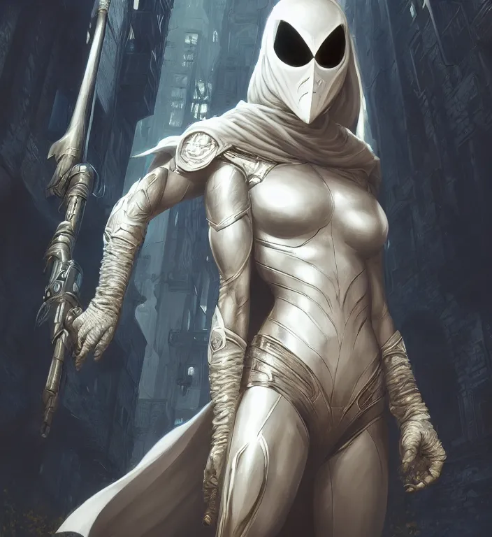 Image similar to female moon knight, hyper detailed, digital art, trending in artstation, cinematic lighting, studio quality, smooth render, unreal engine 5 rendered, octane rendered, art style by klimt and nixeu and ian sprigger and wlop and krenz cushart