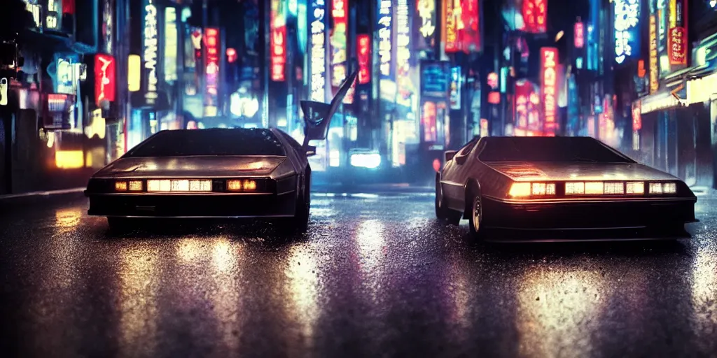 Image similar to close up macro shot of a delorean car on wet tokyo street at night, intricate, hyper detailed, smooth, high contrast, neon, volumetric lighting, octane, moebius, greg rutkowski, blade runner, ridley scott, cinematic