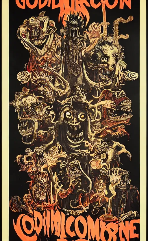 Image similar to cursed with necronomicon horrorcore cel animation poster depicting godlike rat being worshipped by heathens, intricate faces, metropolis, 1 9 5 0 s movie poster, post - processing, vector art