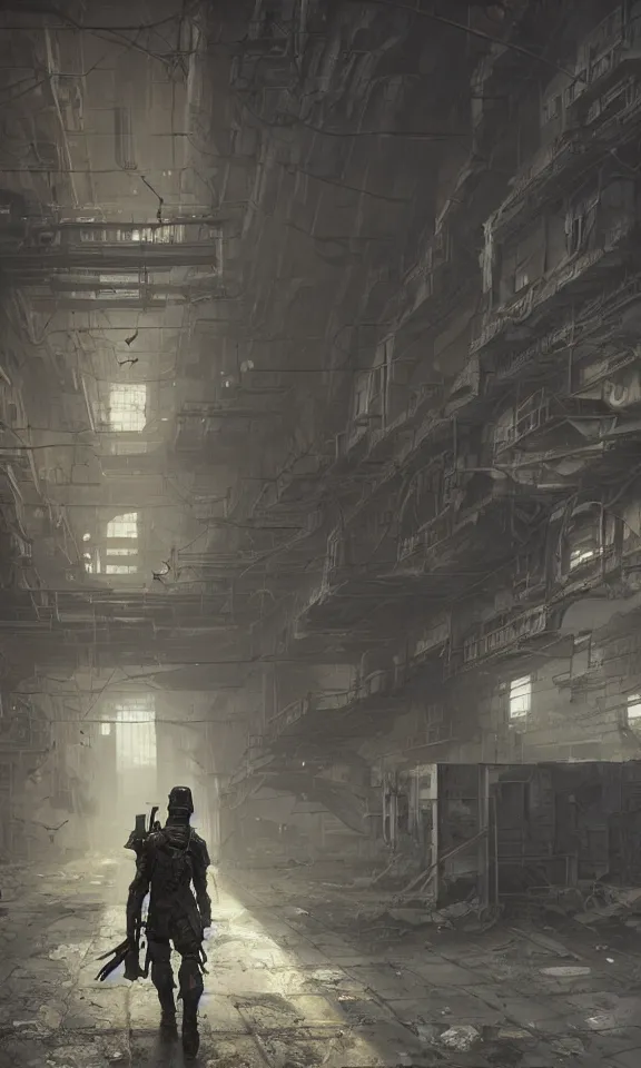 Prompt: Futuristic matte painting of a cyberpunk soldier walking through an abandoned foundry, volumetric light scattering, highly detailed, digital art, Andreas Rocha, Greg Rutkowski, Darek Zabrocki, ArtStation, CGSociety, Unreal Engine, 4K, 8K