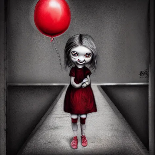 Image similar to surrealism grunge cartoon sketch of a sad little girlwith a wide smile and a red balloon by - michael karcz, loony toons style, horror theme, detailed, elegant, intricate