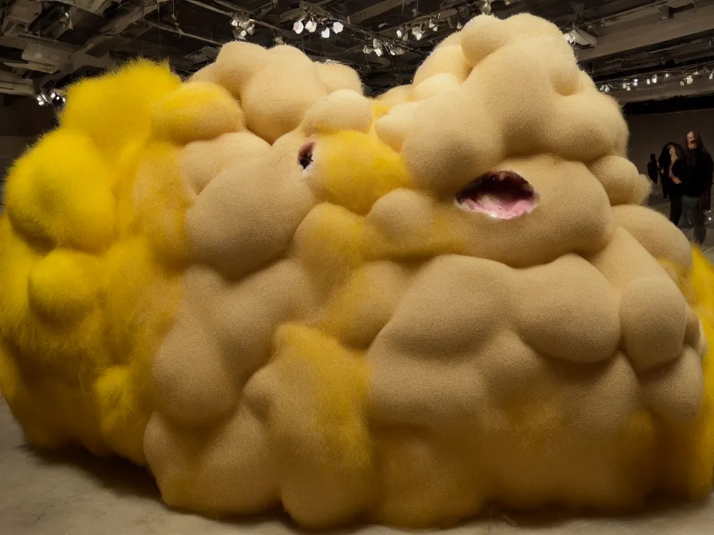 Image similar to a fur covered jelly bean shape, dirty grungy stuffed animal, style of paul mccarthy and mike kelley, yellow - tan color