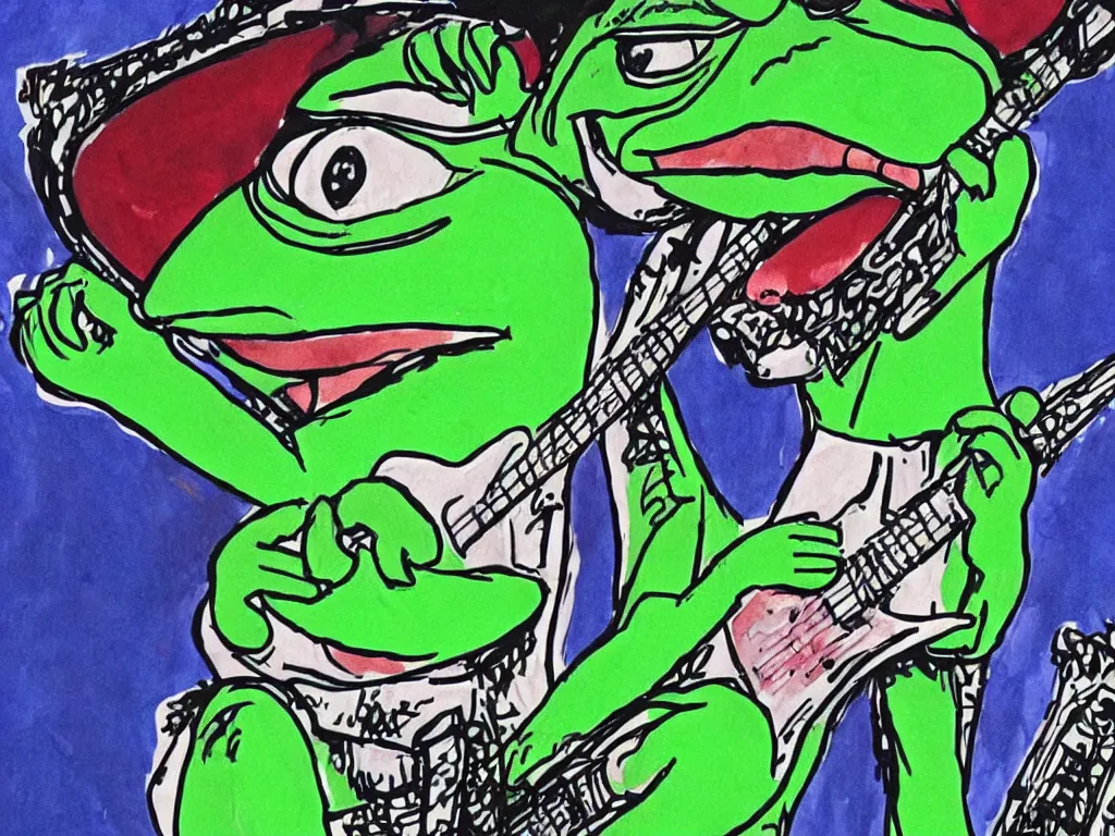 Prompt: children's illustration of pepe the frog as KISS band member in concert