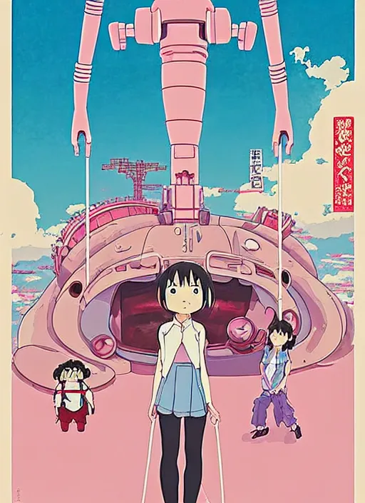 Prompt: a movie poster for a studio Ghibli film based on the song Yoshimi battles the pink robots, part 1. by the band the flaming lips; artwork by Hiyao Miyazaki and studio Ghibli; a Japanese girl is fighting a gigantic evil Pink Robot in an alley in Tokyo artwork by James jean, Phil noto