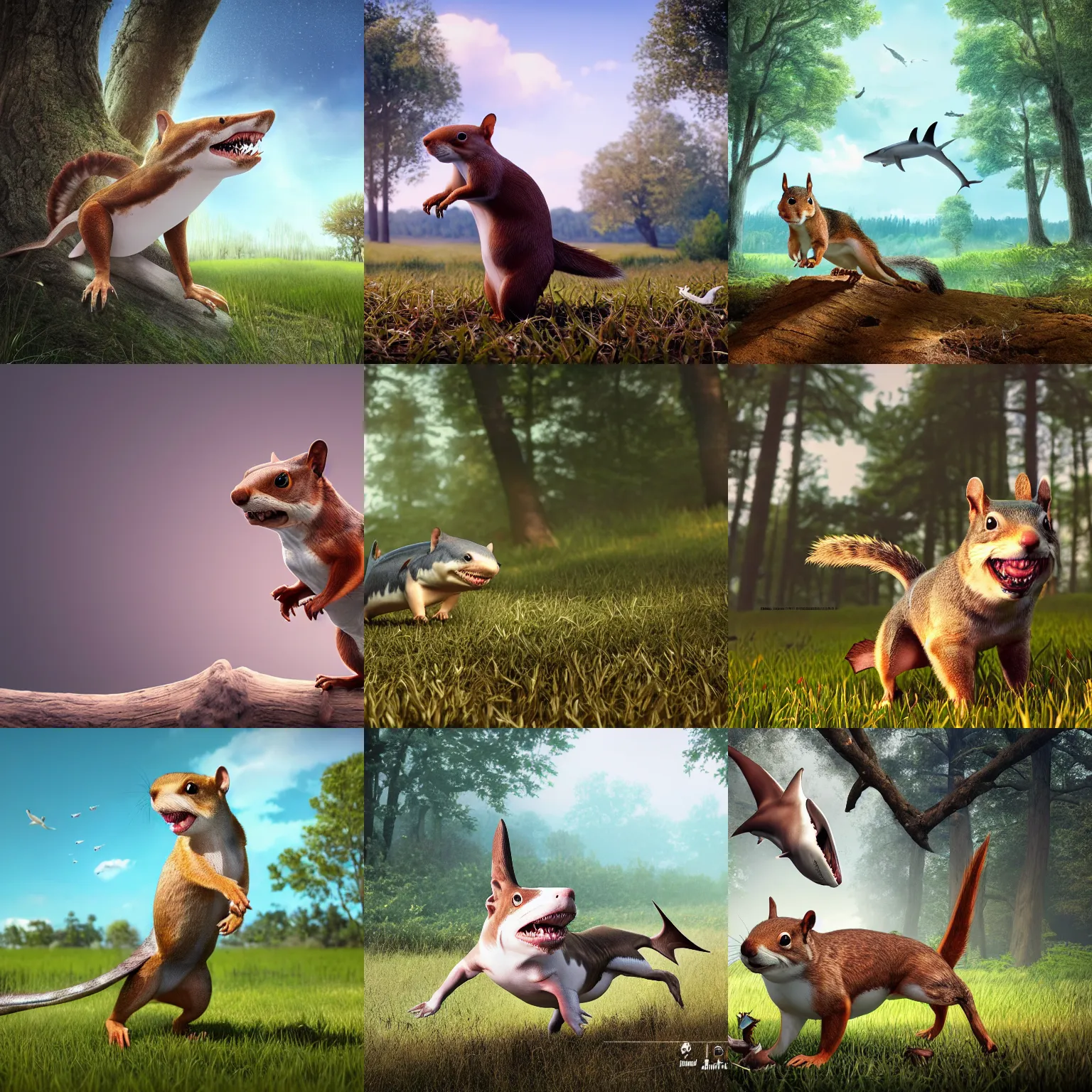 Prompt: a hybrid animal crossover of a shark-dog hunting a small brown squirrel in an open field, the sky is beautiful and clear, with a forest in the background. Highly detailed, octane render, art station, 4k, high quality