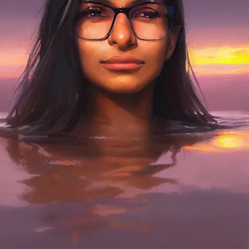 Prompt: a closeup portrait of a mia khalifa, dramatic light, lake background, sunset, dark, painted by stanley lau, painted by greg rutkowski, painted by stanley artgerm, digital art, trending on artstation