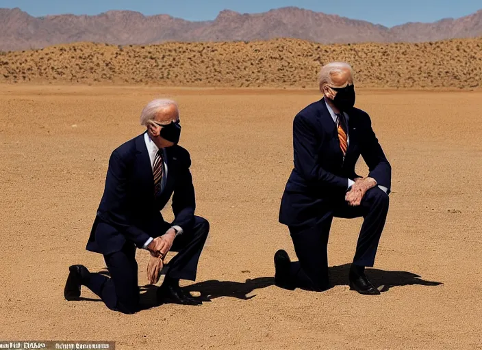 Prompt: joe biden kneeling down in the desert in an orange prison outfit, next to him are two men dressed in full black with black balaclavas, 3 5 mm photograph