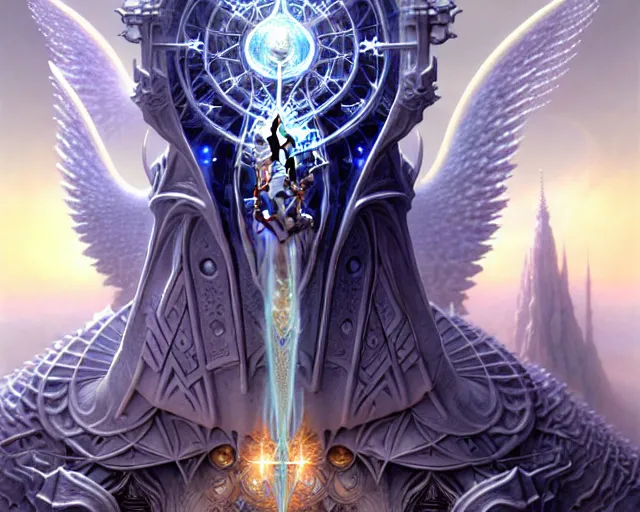 Prompt: the stronghold of white light and angels, fantasy character portrait made of fractals facing each other, ultra realistic, wide angle, intricate details, the fifth element artifacts, highly detailed by peter mohrbacher, hajime sorayama, wayne barlowe, boris vallejo, aaron horkey, gaston bussiere, craig mullins