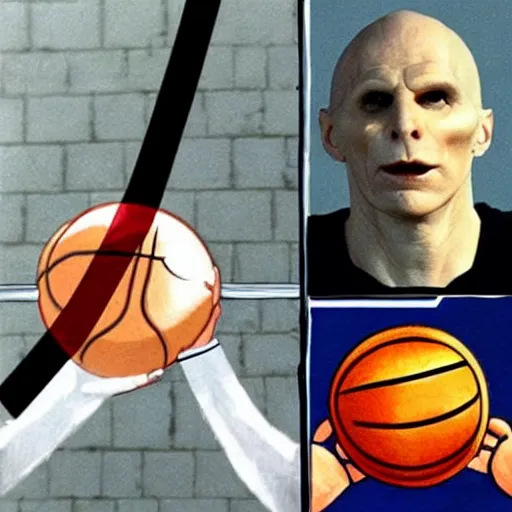 Image similar to voldemort as a basketball player, slam dunking