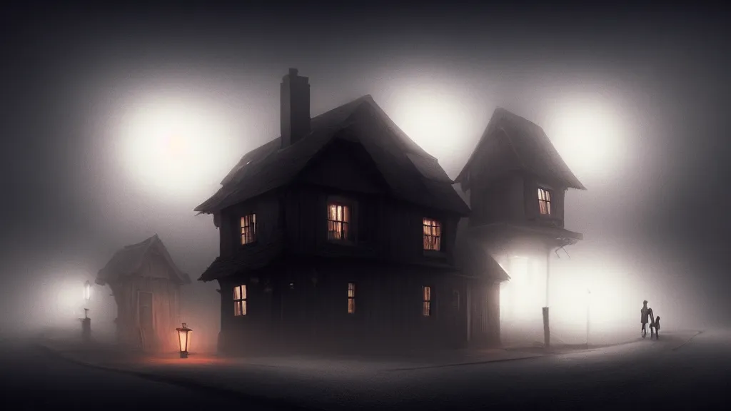 Prompt: thin luminous threads stretch from a black sphere that is in the sky above a small village with wooden houses in the fog, fog, volumetric lighting, mystique, atmospheric, sharp focus, ultra detailed, ross tran, thierry doizon, kai carpenter, ignacio fernandez rios, noir art house, 4 k, 3 5 mm