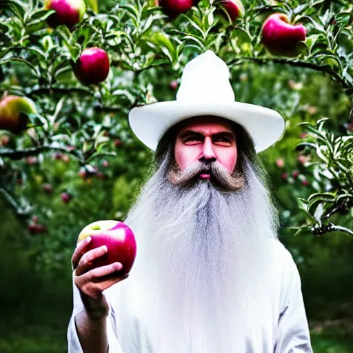 Prompt: beautiful professional photograph of a wizard with a very long white beard, brewing brewing!!!, potions!!!, elixirs, potions!!! potions, in an apple orchard