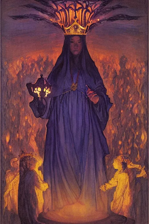 Image similar to child of darkness with her crown and lantern, by Annie Swynnerton and Nicholas Roerich and jean delville, dramatic cinematic lighting , ornate headdress , flowing robes, sacred artifacts, lost civilizations, smooth, sharp focus, extremely detailed