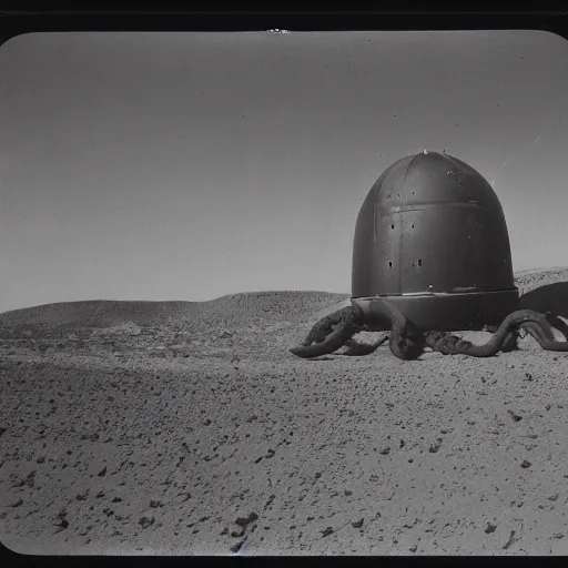 Image similar to tintype, wide view, desert ufo crash site, scientists studying captured alien octopus