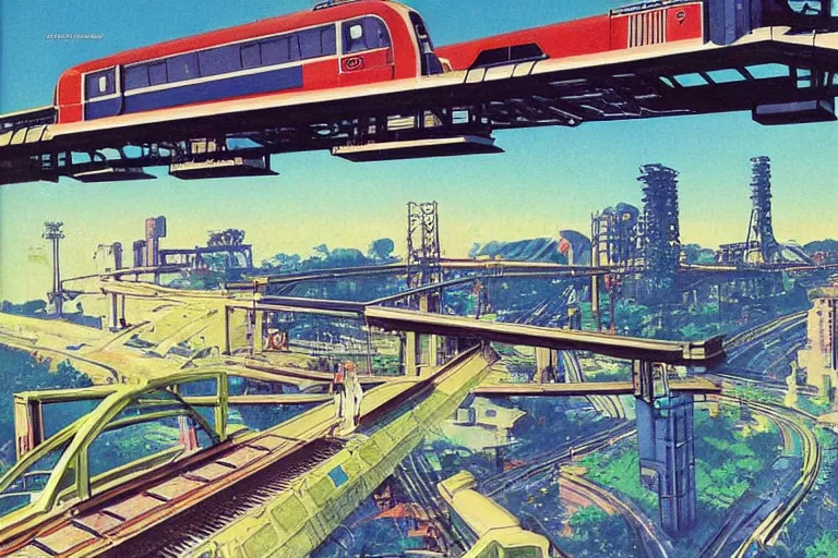 Prompt: 1 9 7 9 omni magazine cover of train bridge going above a park in osaka. cyberpunk style by vincent di fate